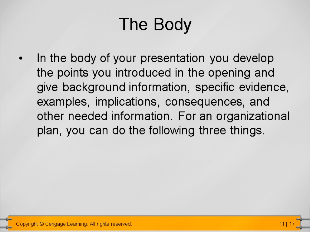 The Body In the body of your presentation you develop the points you introduced